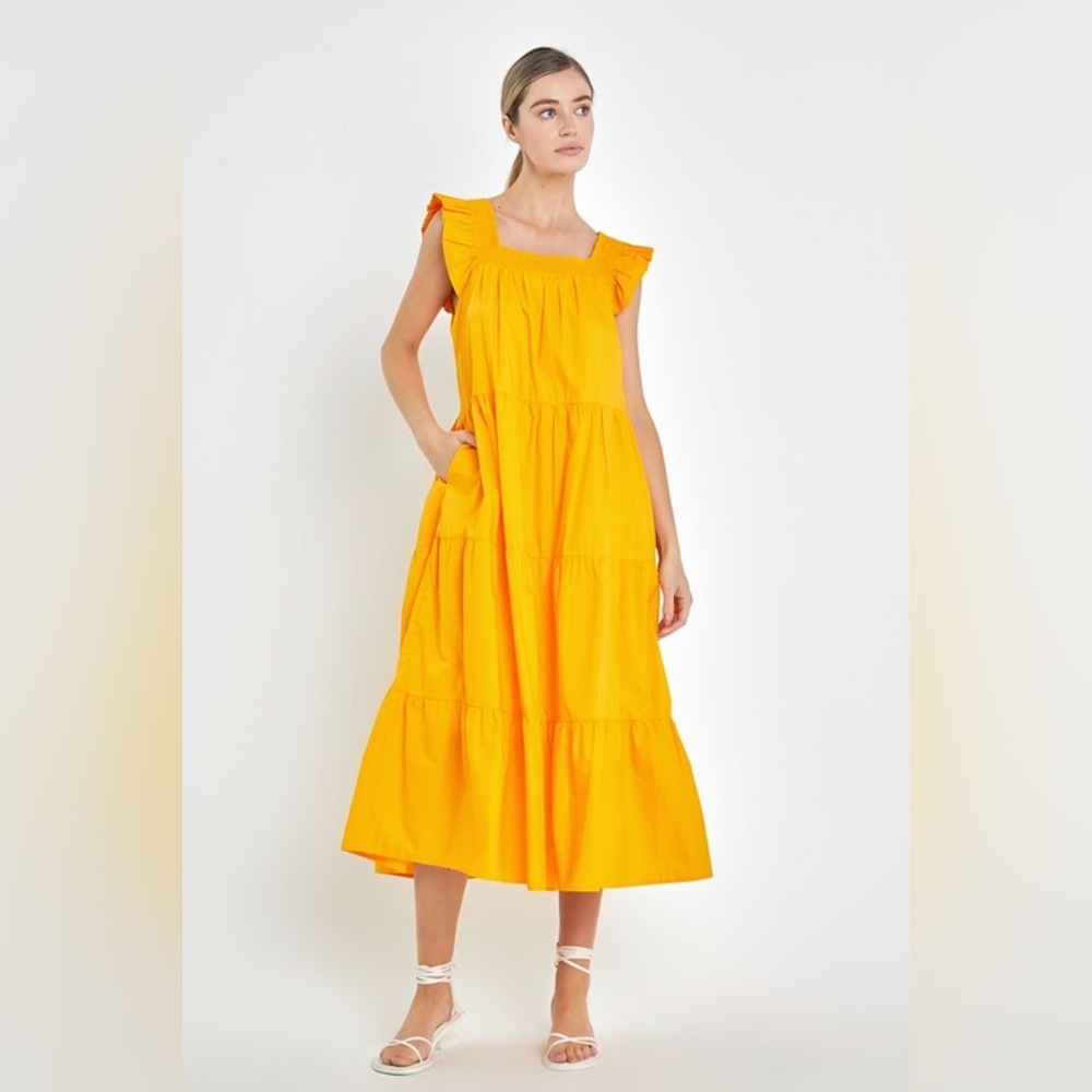 NWT - English Factory Cotton Ruffle Sleeve Tiered Orange Midi Dress - Size L